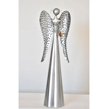 Plechový anděl stříbrný se srdíčkem, 68,5 cm, sada 2ks