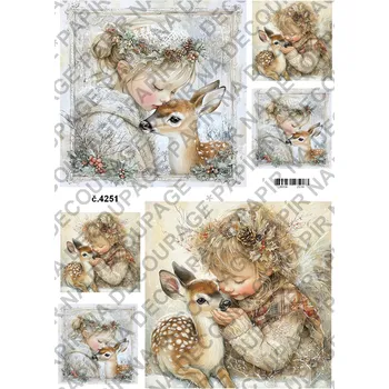 Umělecký papír Rýžový a soft papír na decoupage - Holčička s jelínkem zima - KB04251 Materiál: Soft, Rozměr: A4