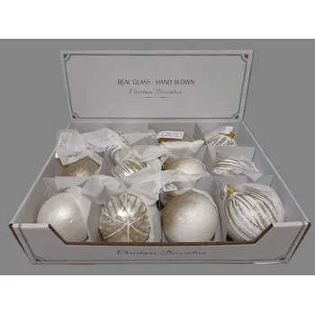 Vánoční ozdoba Prodex Import Ozdoba koule bílozlatá 3 druhy 8 cm bílozlatá 12 ks