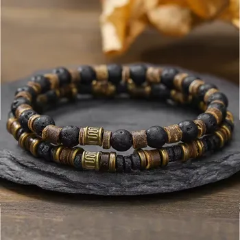 Náramek B-TOP Sada 2 ks pánských náramků z dřevěných a lávových korálků