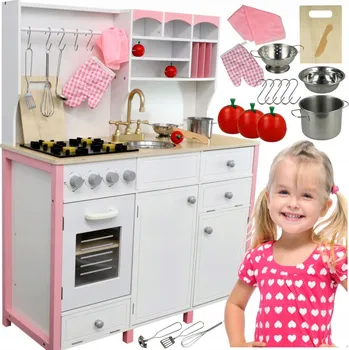Dětská kuchyňka Velká Dřevěná Kuchyňka pro Děti Vzdělávací Set Rukavice Příslušenství