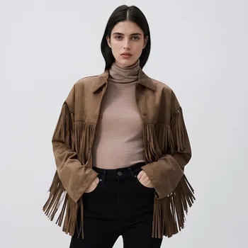 Reserved - Bunda s třásněmi - zlatavá hnědá - 604HJ-82X - 604HJ-82X-S