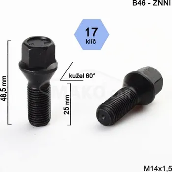 Šroubek na kolo Kolový šroub M14x1,5x25 kužel, klíč 17, černý, BIMECC