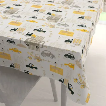 ubrus Dětský bavlněný obdélníkový ubrus Sandra SA-672 Žlutá a šedohnědá auta ve městě na bílém 50x100 cm