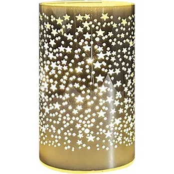 Vánoční dekorace Svítící skleněný válec s hvězdičkami – zlatý, 15 x 9 cm, teplá bílá, 10 LED, časovač