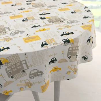 ubrus Dětský bavlněný kulatý ubrus Sandra SA-672 Žlutá a šedohnědá auta ve městě na bílém Ø 40 cm