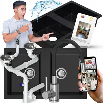 Granitový dřez Granitový dřez do desky dvoudílný černý se baterií a sifonem