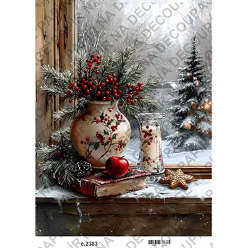 Umělecký papír Rýžový a soft papír na decoupage - Zima, okno, vánoce - KB2383 Materiál: Soft, Rozměr: A4