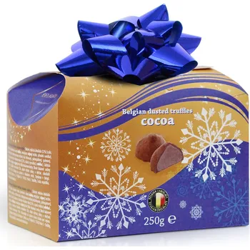 Bonboniéra Selllot, s.r.o., K Hájům 34, 155 00 Praha 5 - Vyrobeno v Belgii Belgické lanýže s náplní s příchutí čokolády s modrou mašlí - Vánoce 250g (doprodej)