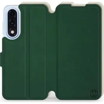 Pouzdro na mobilní telefon Flipové pouzdro Mobiwear Semiš - OnePlus Nord 5 - Zelené & Béžové (Knížkové semišové flip pouzdro, obal, kryt na mobil OnePlus Nord 5 - Zelené & Béžové, materiál semiš + TPU, ochrana 360°, stojánek, silikonová vanička, magnetické zavírání)