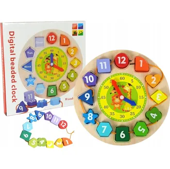 Dřevěná hračka ZEGAR DREWNIANY EDUKAČNÍ TŘÍDIČKA MONTESSORI Učení ČÍSLA TVARY BARVY