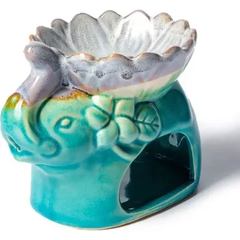 Aroma lampa Keramická aromalampa na vosky a oleje Tyrkysová/bílá, rozměr 10 * 13 cm, slon s lotosem