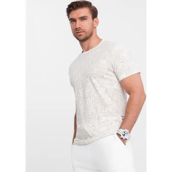 Pánské tričko s potiskem palmových listů - světle béžové V1 OM-TSFP-0182 - S