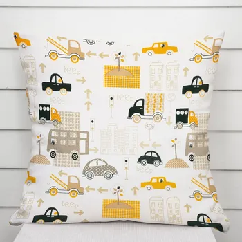 Povlak na dekorativní polštářek Dětský bavlněný povlak na polštář Sandra SA-672 Žlutá a šedohnědá auta ve městě na bílém 40 x 40 cm