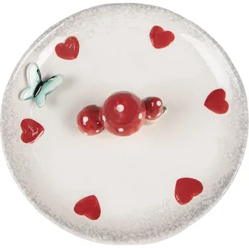 Talíř Bílý dezertní talířek se srdíčky a houbičkami - Ø 21*4 cm