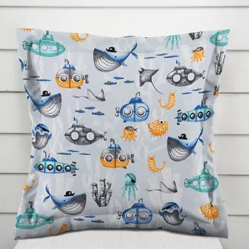 Povlak na polštářek Dětský bavlněný povlak na polštář s lemem Sandra SA-673 Podmořský svět modrý 50 x 50 cm
