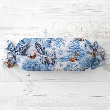 Dekorativní polštářek Polštář válec bonbon Sandra SA-674 Lesní zvířata v zimním lese na modrém 15x100 cm