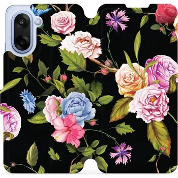 Pouzdro na mobilní telefon Flipové pouzdro Mobiwear - OnePlus Nord CE5 - VD07S Růže a květy na černém pozadí (Knížkové flip pouzdro, obal, kryt na mobil OnePlus Nord CE 5 - VD07S Růže a květy na černém pozadí, materiál Umělá kůže + TPU - ochrana 360°, stojánek, silikonová vanička,)