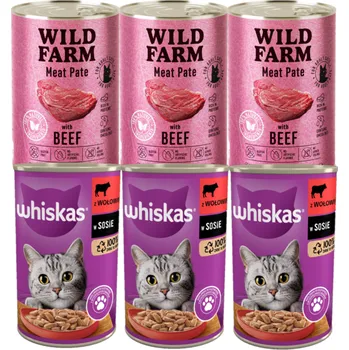 Krmivo pro kočku WHISKAS Adult 3x400g - vlhké krmivo s hovězím masem v omáčce + WILD FARM Pate Beef 3x400g - bezlepkové krmivo pro kočky