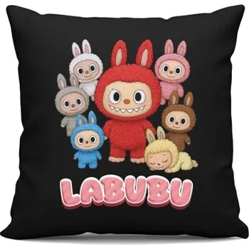 Žertovný předmět Panenky Bubu – skupina postav - černý polštář s potiskem- Tričkový.cz