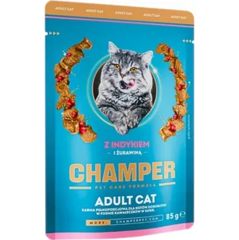 Krmivo pro kočku Champer kuře s krůtou a brusinkami kapsička pro kočky 85g