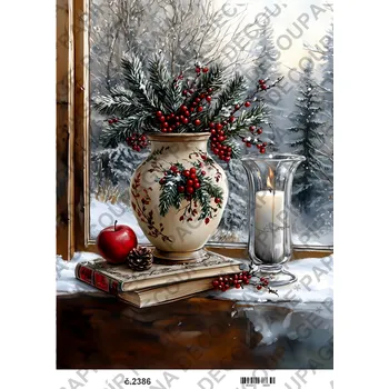 Umělecký papír Rýžový a soft papír na decoupage - Zima, okno, vánoce - KB2386 Materiál: Soft, Rozměr: A4