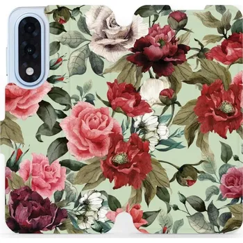 Pouzdro na mobilní telefon Flipové pouzdro Mobiwear - OnePlus Nord 5 - MD06P Růže a květy na světle zelené (Knížkové flip pouzdro, obal, kryt na mobil OnePlus Nord 5 - MD06P Růže a květy na světle zelené, materiál Umělá kůže + TPU - ochrana 360°, stojánek, silikonová vanička,)