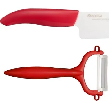 Kuchyňský nůž Kyocera sada na krájení a loupání blistr červená Sada, na krájení a loupání, keramický nůž Santoku a škrabka, červená Cut & Peel Set Red - Blister