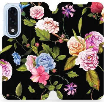 Pouzdro na mobilní telefon Flipové pouzdro Mobiwear - OnePlus Nord 5 - VD07S Růže a květy na černém pozadí (Knížkové flip pouzdro, obal, kryt na mobil OnePlus Nord 5 - VD07S Růže a květy na černém pozadí, materiál Umělá kůže + TPU - ochrana 360°, stojánek, silikonová vanička,)