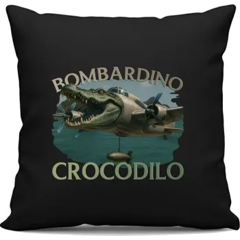 Žertovný předmět Bombardino Crocodilo - Italian Brainrot - černý polštář s potiskem- Tričkový.cz