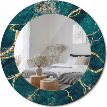 Zrcadlo Nástěnné Zrcadlo s dekorativním skleněným rámem s potiskem Zelený mramor průměr 50 cm