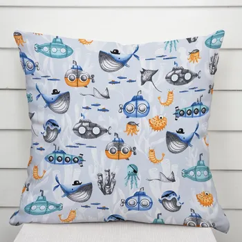 Povlak na dekorativní polštářek Dětský bavlněný povlak na polštář Sandra SA-673 Podmořský svět modrý 50 x 60 cm