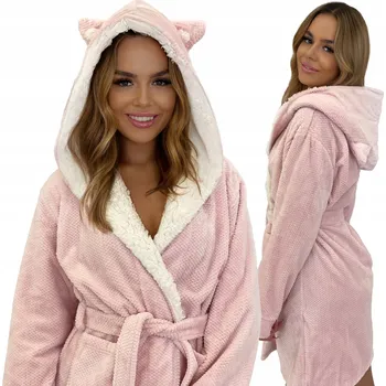 Dámský župan Teplý Huňatý Měkký Fleecový Dámský Župan Župan Uši Králíka Růžový L