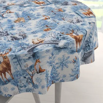 ubrus Bavlněný kulatý ubrus Sandra SA-674 Lesní zvířata v zimním lese na modrém Ø 40 cm