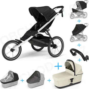 Kočárek Set 7v1 Thule Glide 3 Black + pláštěnka + ochranná síť + madlo + korbička Soft beige + pláštěnka + ochranná síť na korbičku