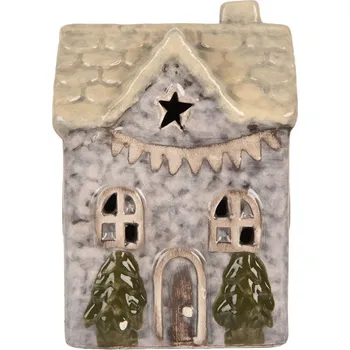 Clayre & Eef Šedý keramický LED domek Lamont - 6*6*10 cm Šedá