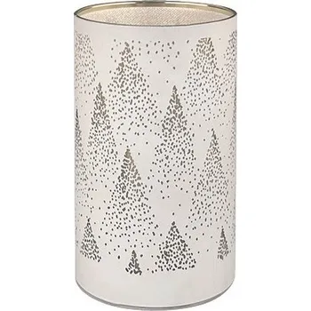 Vánoční dekorace Svítící skleněný válec se stromy – bílý, 15 x 9 cm, teplá bílá, 10 LED, časovač