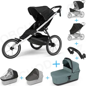 Kočárek Set 7v1 Thule Glide 3 Black + pláštěnka + ochranná síť + madlo + korbička Mid blue + pláštěnka + ochranná síť na korbičku