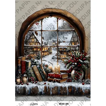 Umělecký papír Rýžový a soft papír na decoupage - Zima, okno, vánoce - KB2379 Materiál: Soft, Rozměr: A4
