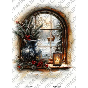 Umělecký papír Rýžový a soft papír na decoupage - Zima, okno, vánoce - KB2380 Materiál: Soft, Rozměr: A4