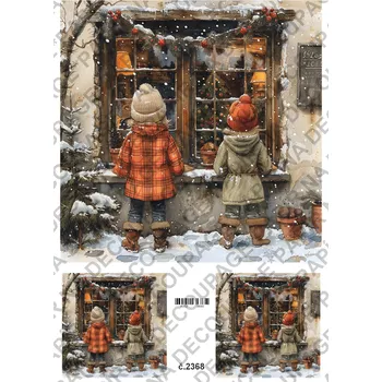 Umělecký papír Rýžový a soft papír na decoupage - Děti u okna - KB2368 Materiál: Soft, Rozměr: A4
