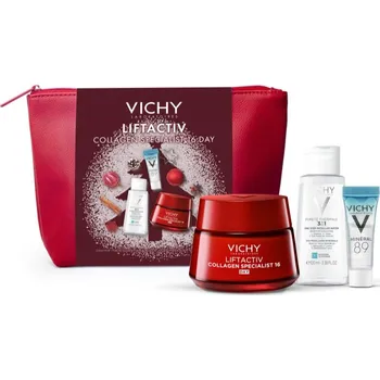 Vichy Liftactiv Vichy Liftactiv Collagen Specialist 16 Day obnovující liftingový krém proti vráskám 50 ml + Vichy Minéral 89 posilující a vyplňující Hyaluron-Booster 5 ml + Vichy Pureté Thermale minerální micelární voda pro citlivou pleť 100 ml + kosmetic