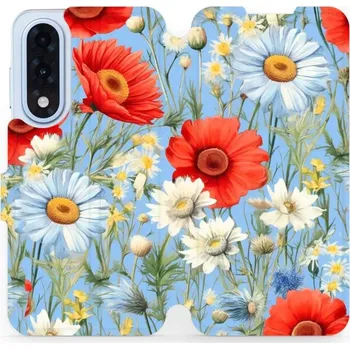 Pouzdro na mobilní telefon Flipové pouzdro Mobiwear - OnePlus Nord 5 - VP44S Červené a bílé květy (Knížkové flip pouzdro, obal, kryt na mobil OnePlus Nord 5 - VP44S Červené a bílé květy, materiál Umělá kůže + TPU - ochrana 360°, stojánek, silikonová vanička, magnetické zavírání)