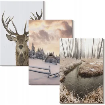 Obraz Vícedílný Obraz Na Plátně Zimní krajina jelen chata 3x 20x30 cm