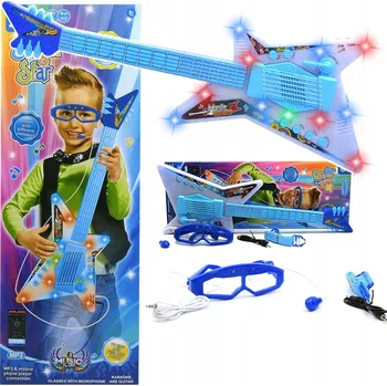 Hudební nástroj pro děti ELEKTRICKÁ KYTARA PRO DĚTI ROCKOVÁ + BRÝLE S MIKROFONEM, HRAJE A SVÍTÍ