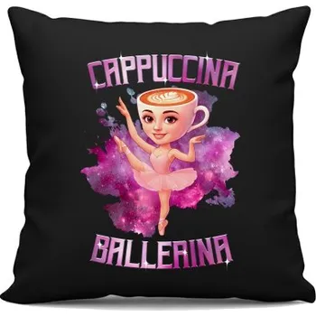 Žertovný předmět Ballerina Cappuccina - Italian Brainrot - černý polštář s potiskem- Tričkový.cz