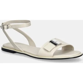 Dámské sandále Kožené sandály Calvin Klein FLAT SANDAL W/CK HW - LTH dámské, béžová barva, HW0HW02367 01X, EUR 41