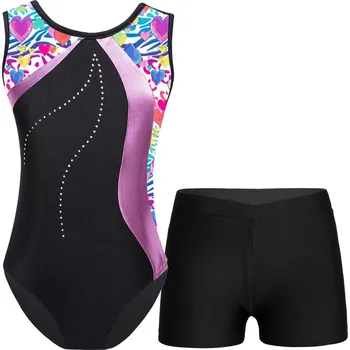 Body Fialové gymnastické baletní body se srdíčky + KRAŤASY vel. 130