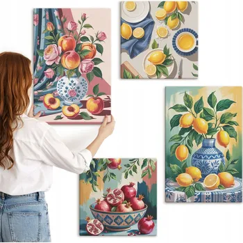 Obraz Sada 4 Obrazů na Plátně Květiny a Ovoce ve Vázách na Zeď