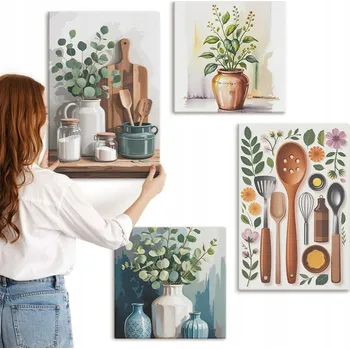 Obraz Sada obrazů na plátně do kuchyně - Rostlinné motivy a doplňky, 4 kusy